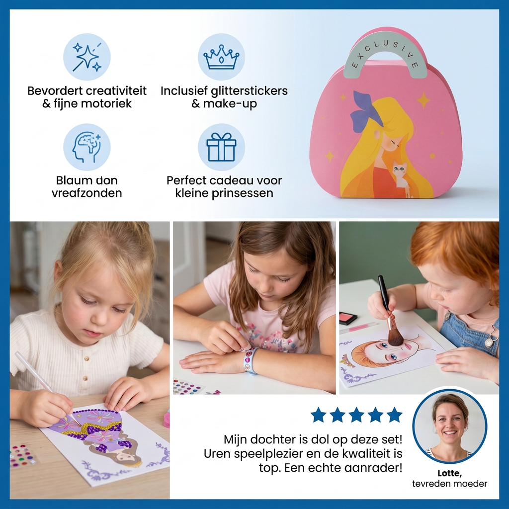 Prinses Diamant Sticker- & Schminkknutselset – Glitter Creatieve Set voor Meisjes