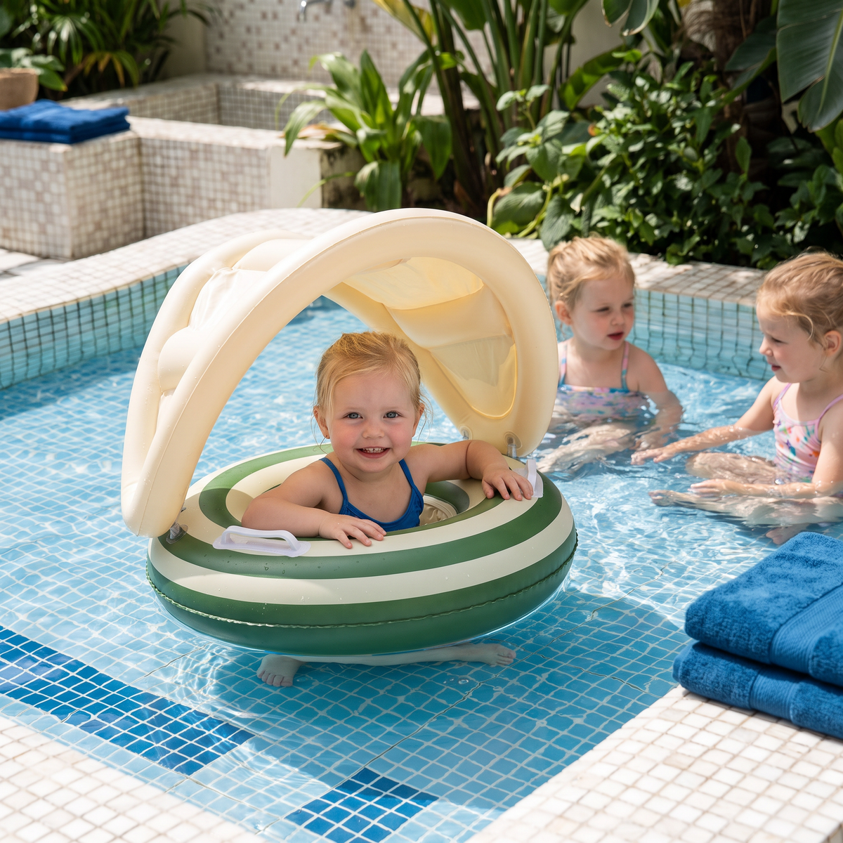 Opblaasbare Retro Lollipop Babyzwemband met Afneembare Zonnekap – Veilige Zitplaats voor 6–36 Maanden