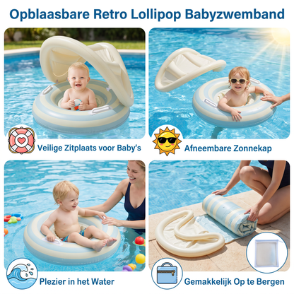 Opblaasbare Retro Lollipop Babyzwemband met Afneembare Zonnekap – Veilige Zitplaats voor 6–36 Maanden