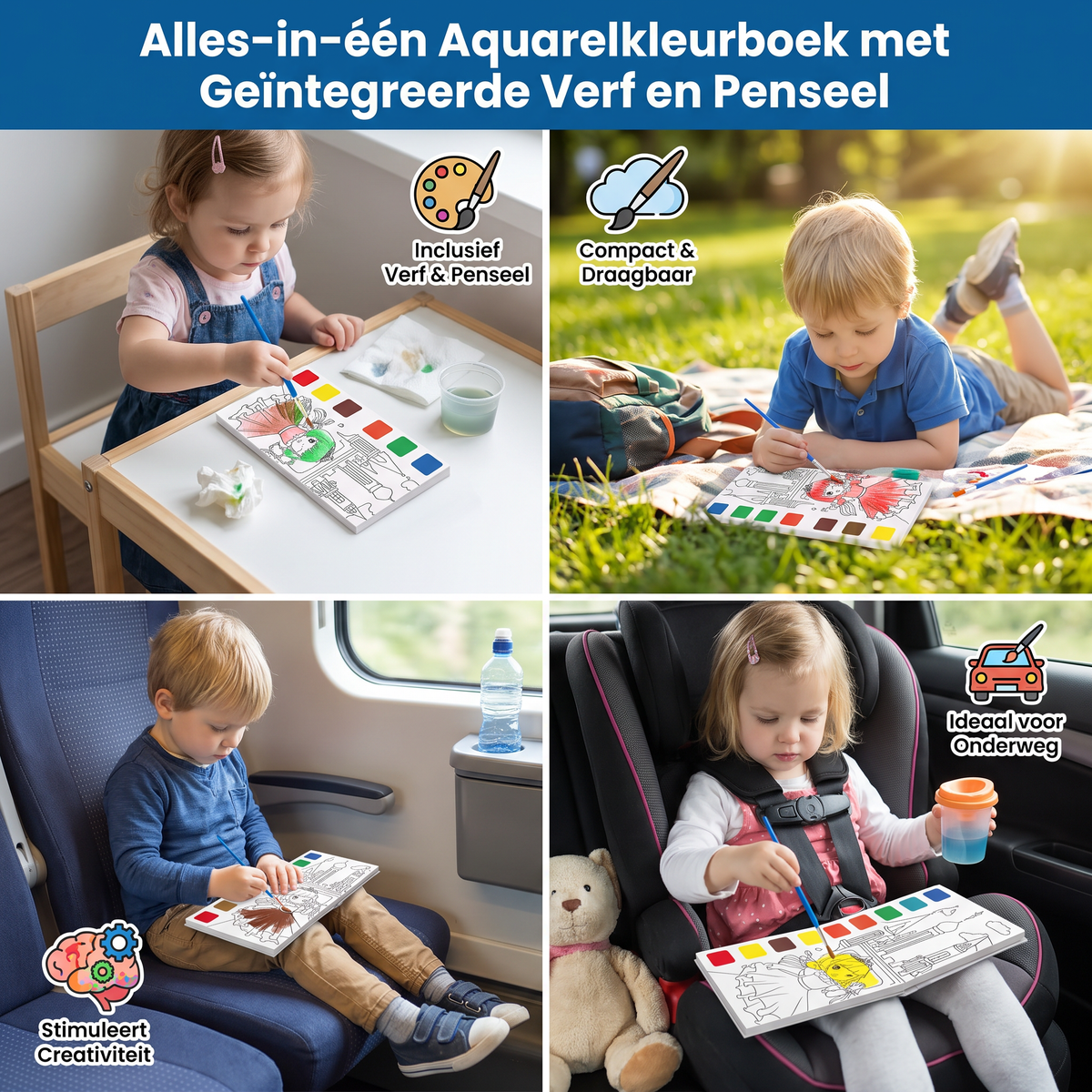Alles-in-één Aquarelkleurboek met Geïntegreerde Verf en Penseel