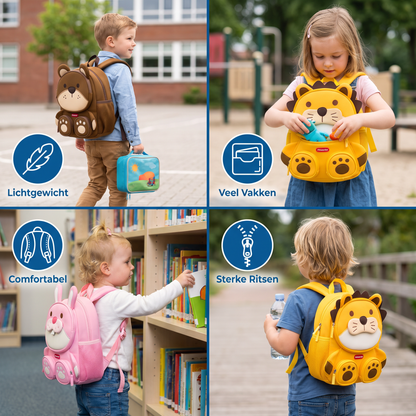 Kinderrugzak met Cartoon-Dierenmotief – Lichte Schoolrugzak met Meerdere Vakken