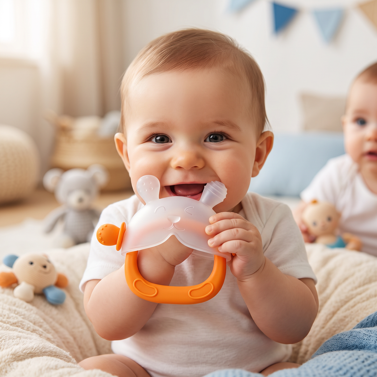 Konijnen-Bijthandschoen voor Baby’s – Zachte, BPA-vrije Siliconen Bijtring met Polsbandje tegen Vallen (3–18 Maanden)