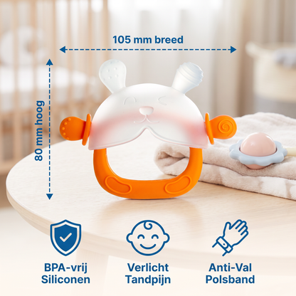 Konijnen-Bijthandschoen voor Baby’s – Zachte, BPA-vrije Siliconen Bijtring met Polsbandje tegen Vallen (3–18 Maanden)