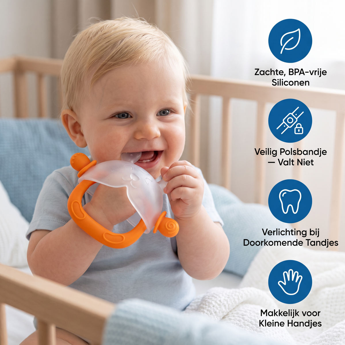 Konijnen-Bijthandschoen voor Baby’s – Zachte, BPA-vrije Siliconen Bijtring met Polsbandje tegen Vallen (3–18 Maanden)