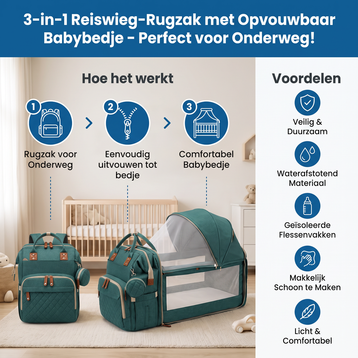 3-in-1 Reiswieg-Rugzak met Opvouwbaar Babybedje – Perfect voor Onderweg!