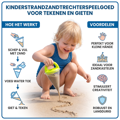 Kinderstrandzandtrechterspeelgoed om te tekenen en te gieten