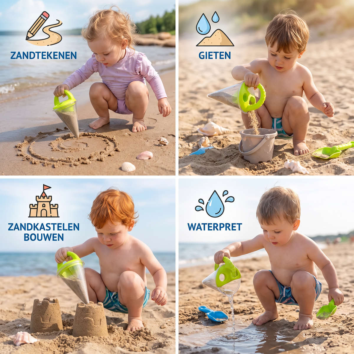 Kinderstrandzandtrechterspeelgoed om te tekenen en te gieten