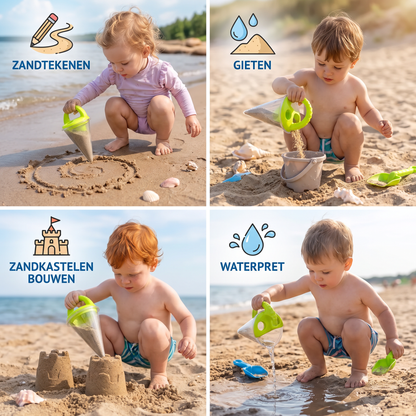 Kinderstrandzandtrechterspeelgoed om te tekenen en te gieten