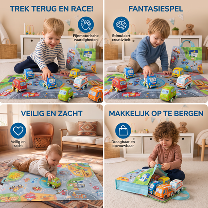 Zachte Terugtrekauto Speelset met Opvouwbare Speelmat en Draagtas