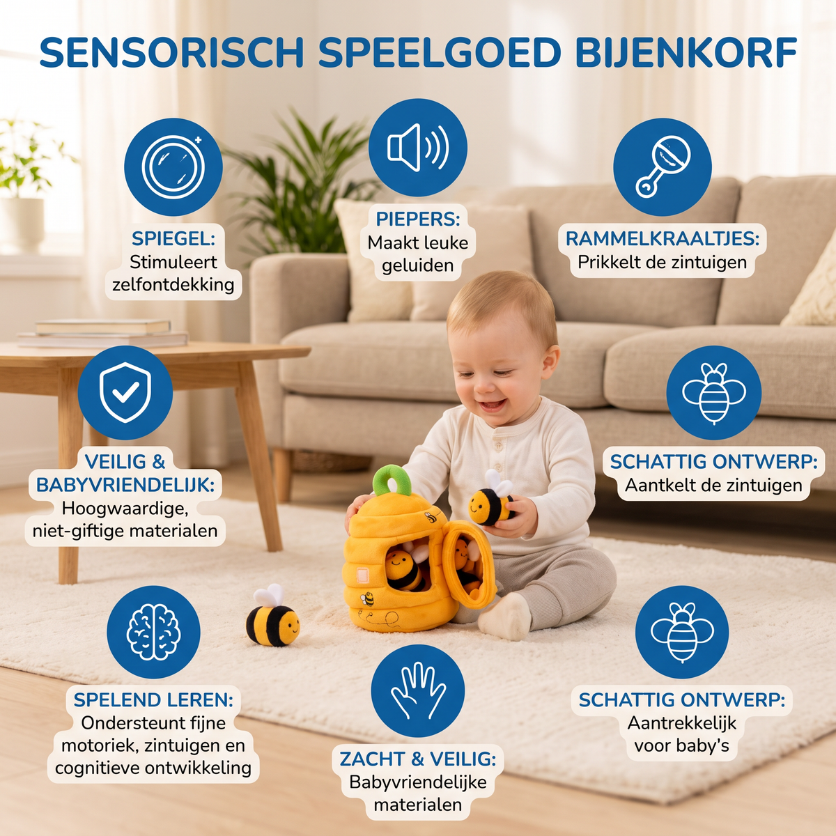 Baby Bijenkorf Sensorisch Speelgoed met Bijen Rammelaars, Piepers en Spiegel