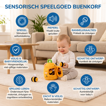 Baby Bijenkorf Sensorisch Speelgoed met Bijen Rammelaars, Piepers en Spiegel