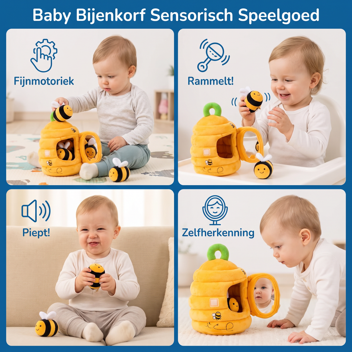Baby Bijenkorf Sensorisch Speelgoed met Bijen Rammelaars, Piepers en Spiegel