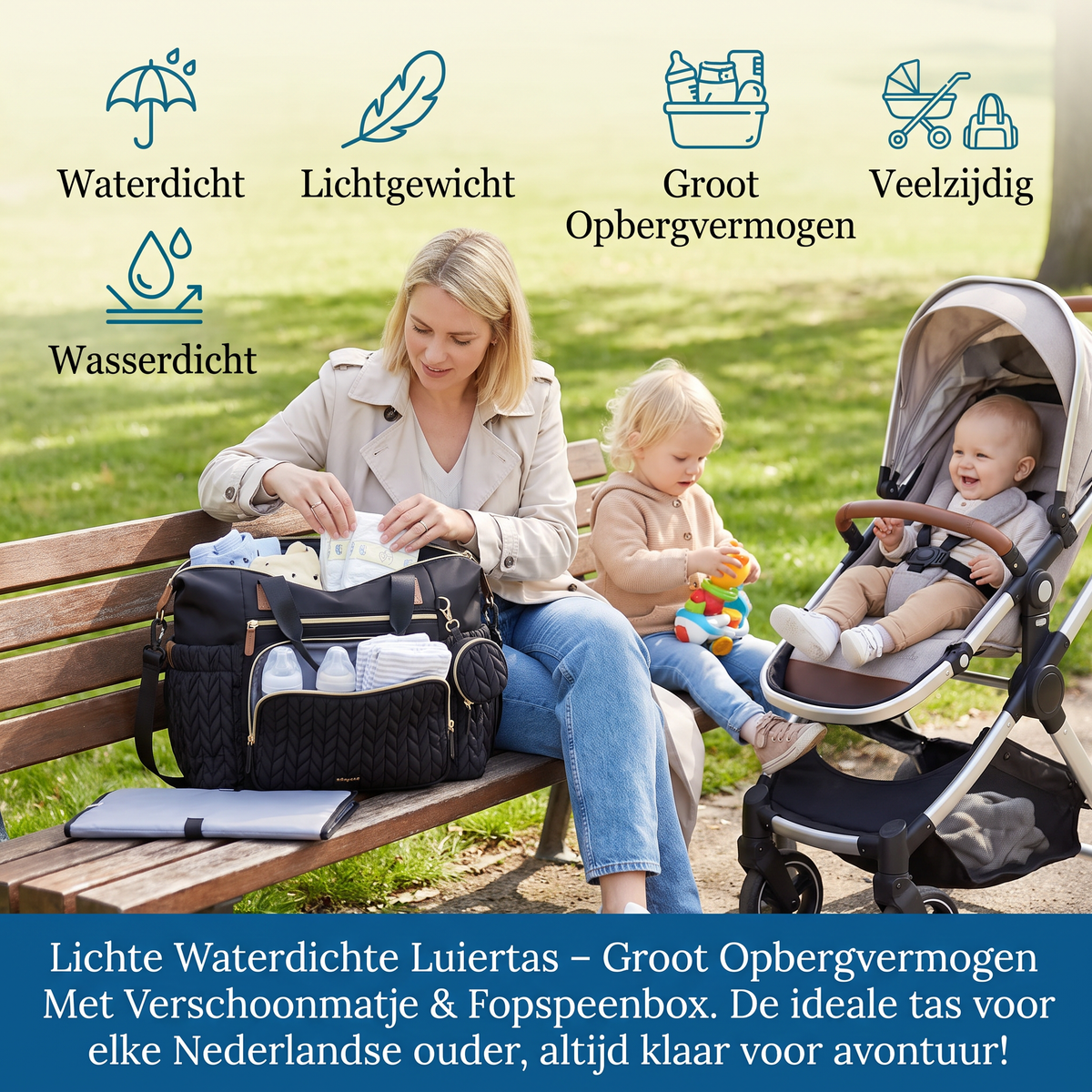 Lichte Waterdichte Luiertas – Groot Opbergvermogen Met Verschoonmatje & Fopspeenbox