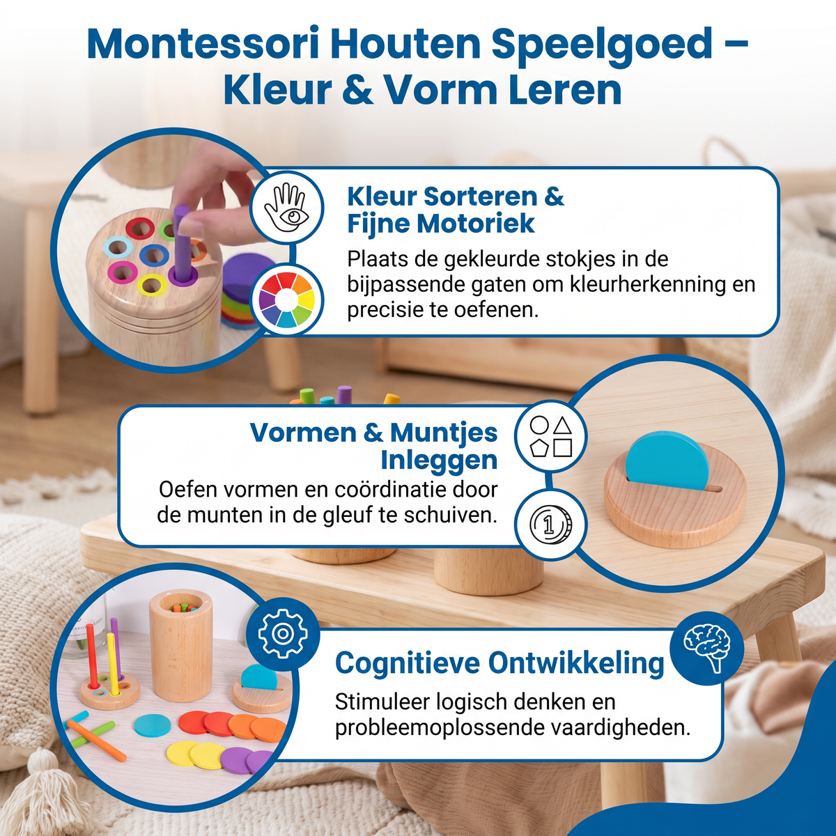 Montessori Houten Speelgoed voor Kinderen – Kleur- & Vormsorteerspel