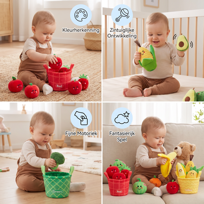 Zacht Fruit- & Groenteleerspel voor Baby's – 4-Delige Kleurensorteerset met Rammelaar en Knispergeluid