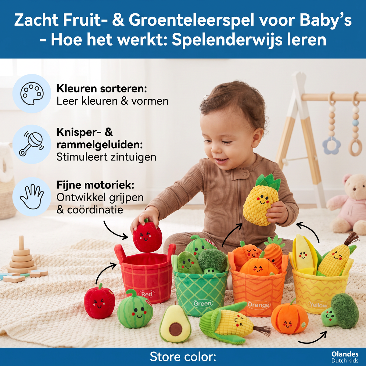 Zacht Fruit- & Groenteleerspel voor Baby's – 4-Delige Kleurensorteerset met Rammelaar en Knispergeluid