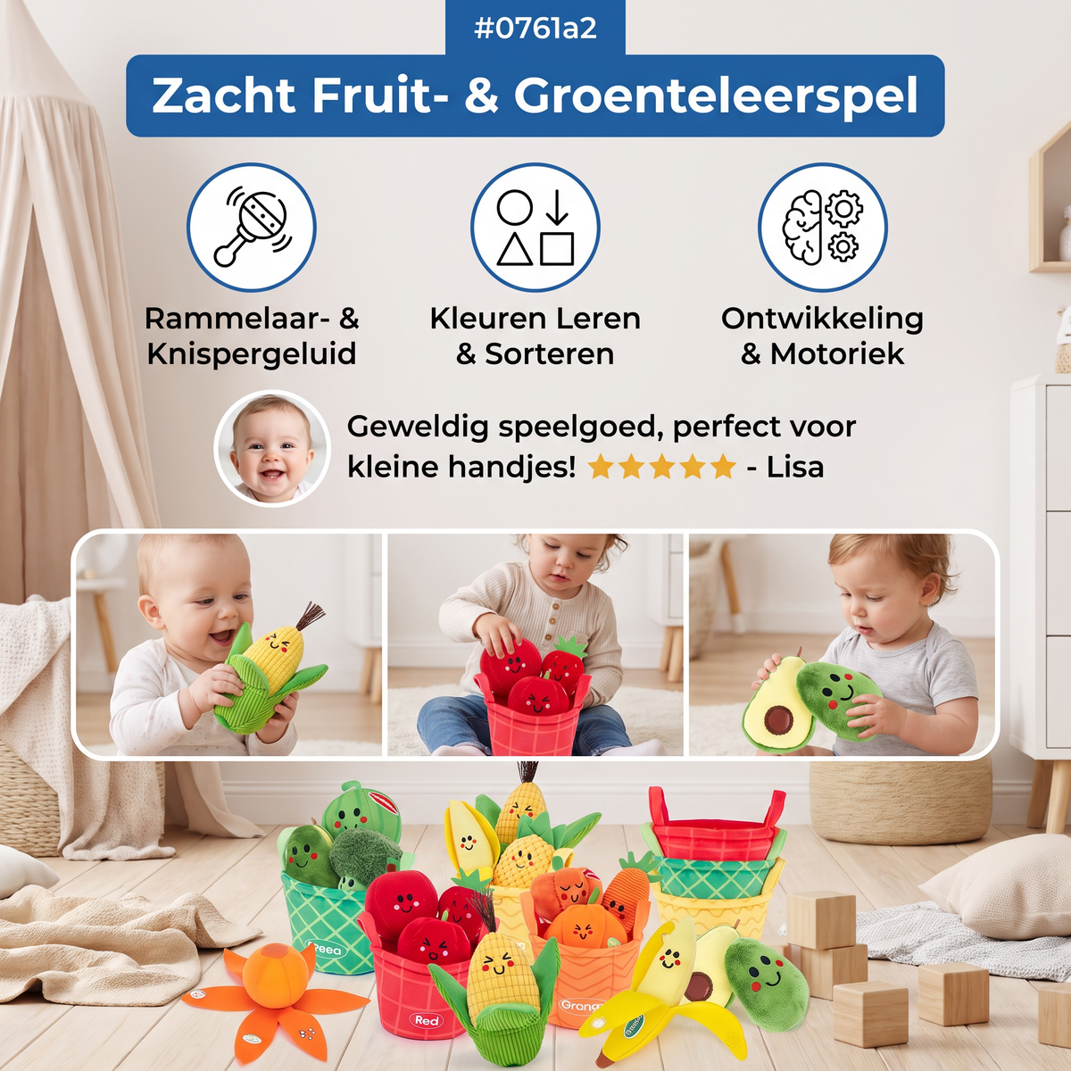 Zacht Fruit- & Groenteleerspel voor Baby's – 4-Delige Kleurensorteerset met Rammelaar en Knispergeluid