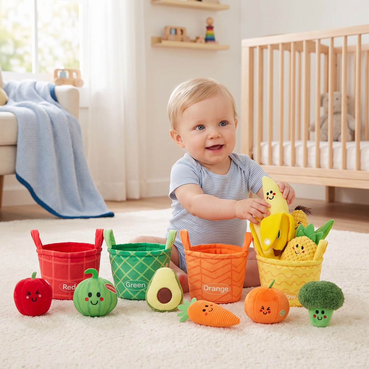 Zacht Fruit- & Groenteleerspel voor Baby's – 4-Delige Kleurensorteerset met Rammelaar en Knispergeluid