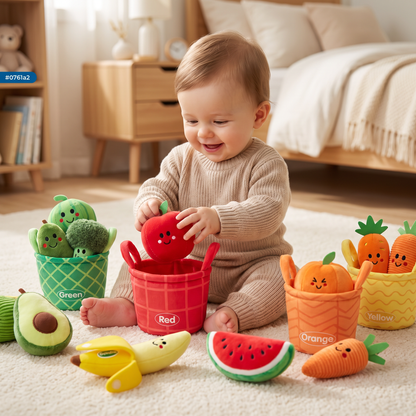 Zacht Fruit- & Groenteleerspel voor Baby's – 4-Delige Kleurensorteerset met Rammelaar en Knispergeluid