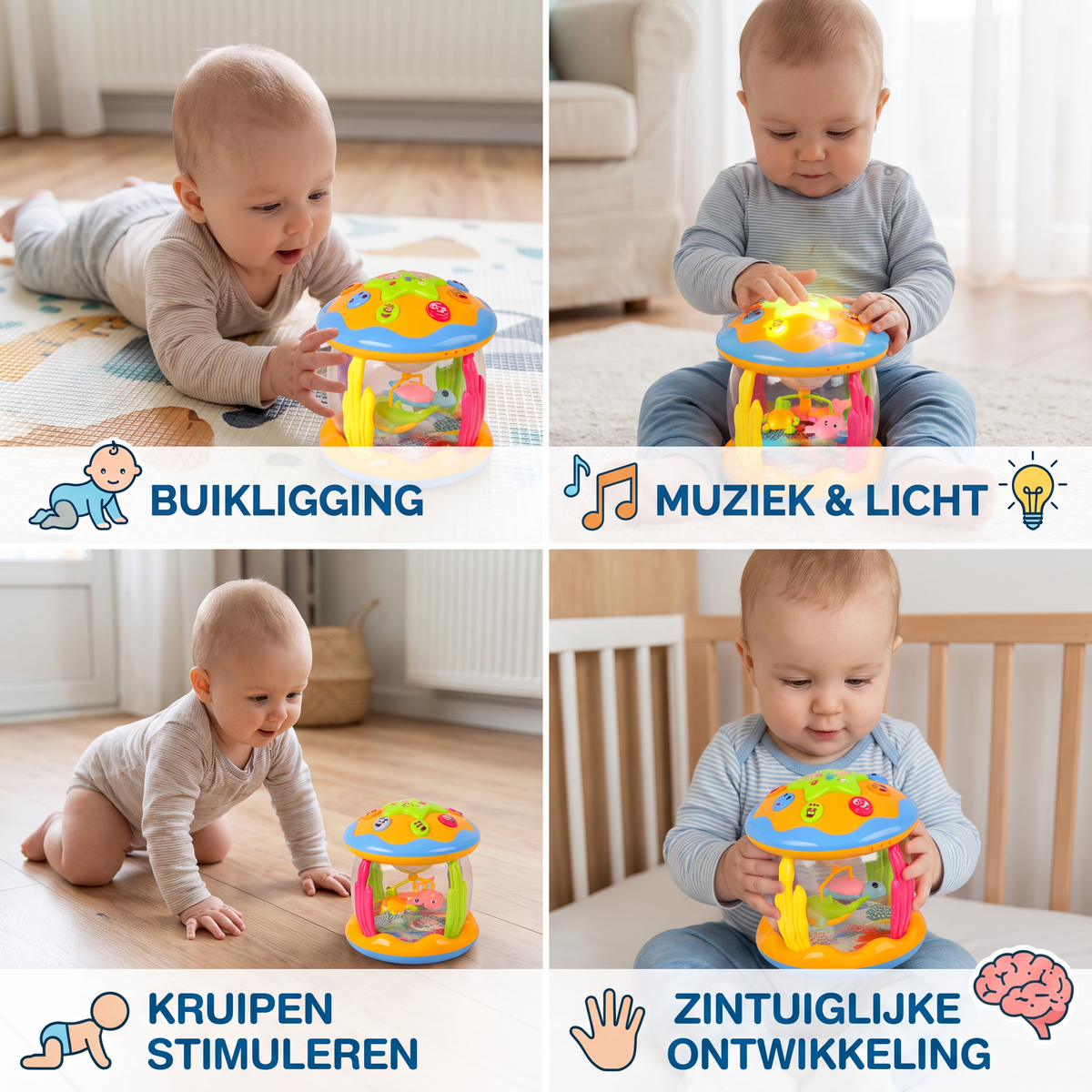 Oceaan Babyspeelgoed met Licht & Muziek – Roterend Zintuiglijk Speelgoed voor Buikligging & Kruipen