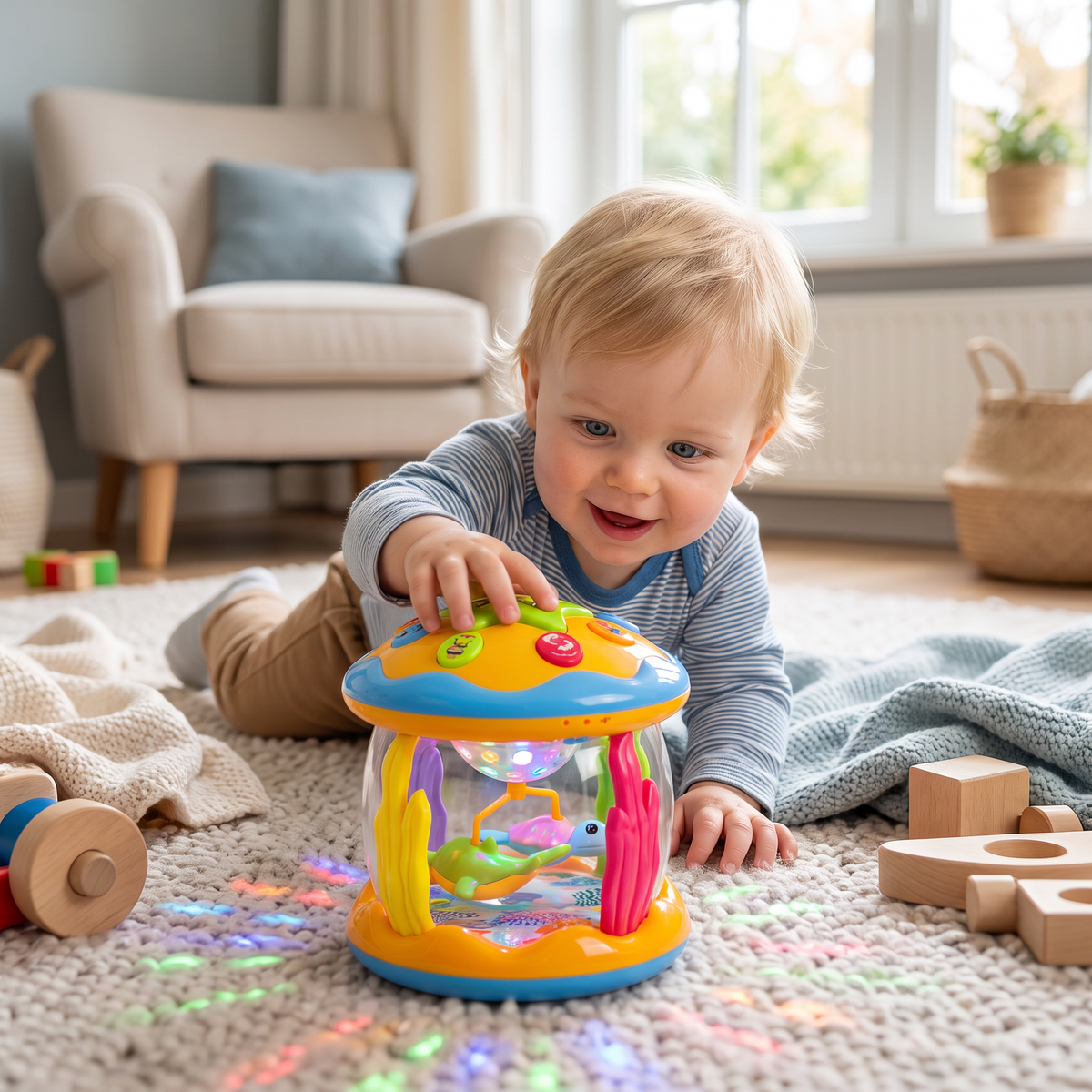 Oceaan Babyspeelgoed met Licht & Muziek – Roterend Zintuiglijk Speelgoed voor Buikligging & Kruipen