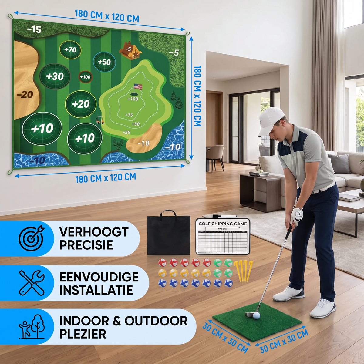 Kleverige 2-in-1 Golf Trainings- & Speelset – Indoor & Outdoor Afslagmat met Doelwand & Slagstok