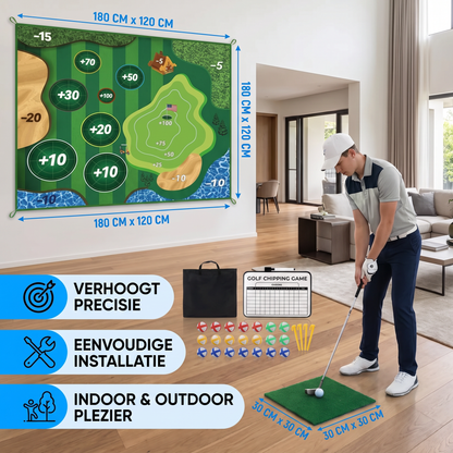 Kleverige 2-in-1 Golf Trainings- & Speelset – Indoor & Outdoor Afslagmat met Doelwand & Slagstok