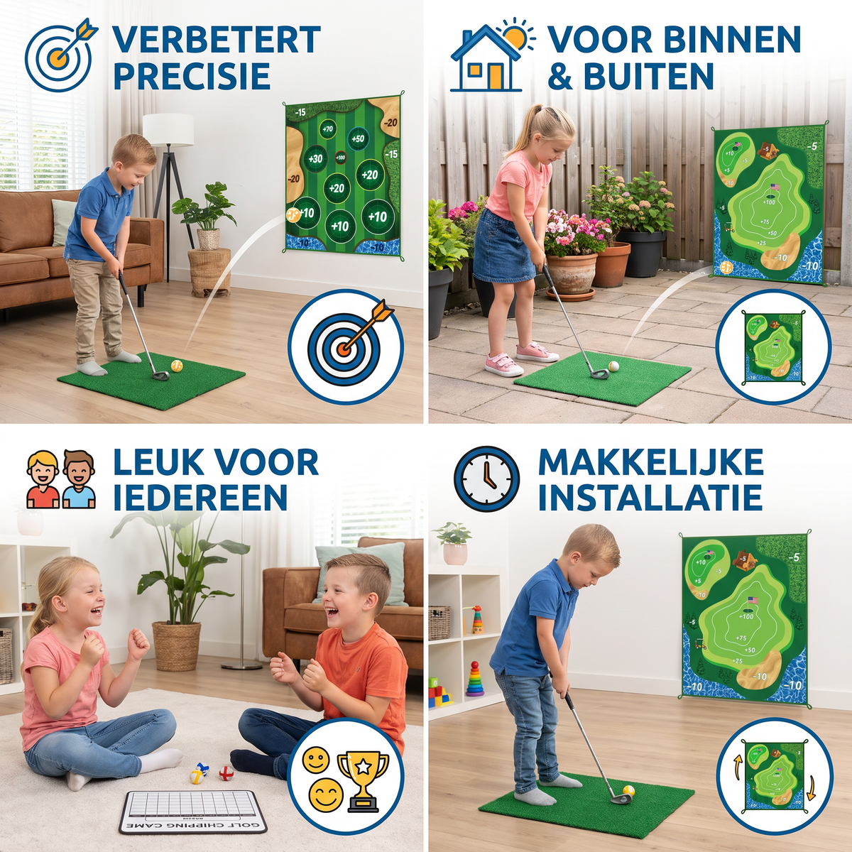 Kleverige 2-in-1 Golf Trainings- & Speelset – Indoor & Outdoor Afslagmat met Doelwand & Slagstok