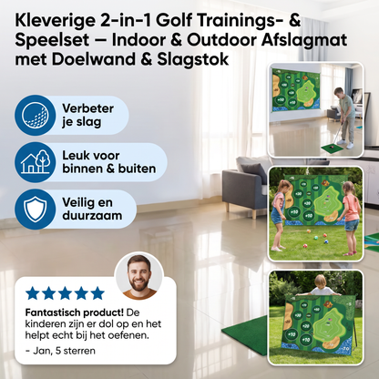 Kleverige 2-in-1 Golf Trainings- & Speelset – Indoor & Outdoor Afslagmat met Doelwand & Slagstok