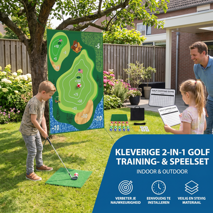 Kleverige 2-in-1 Golf Trainings- & Speelset – Indoor & Outdoor Afslagmat met Doelwand & Slagstok