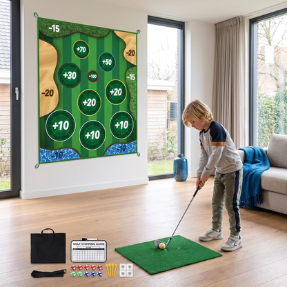 Kleverige 2-in-1 Golf Trainings- & Speelset – Indoor & Outdoor Afslagmat met Doelwand & Slagstok
