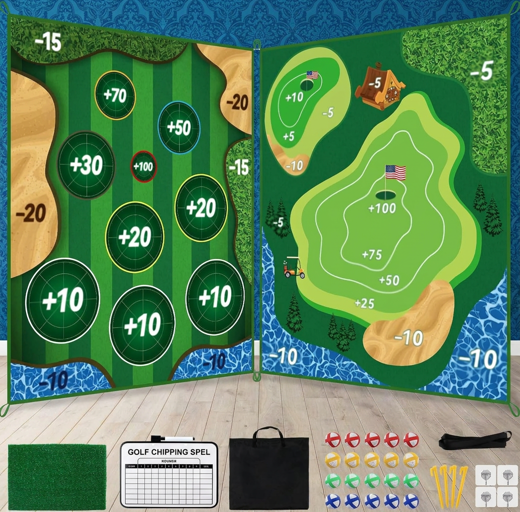 Kleverige 2-in-1 Golf Trainings- & Speelset – Indoor & Outdoor Afslagmat met Doelwand & Slagstok