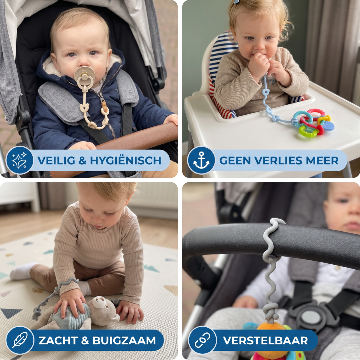 Siliconen Babykoord met Anti-Verliesfunctie – voor Fopspenen & Speelgoed (5 Stuks)