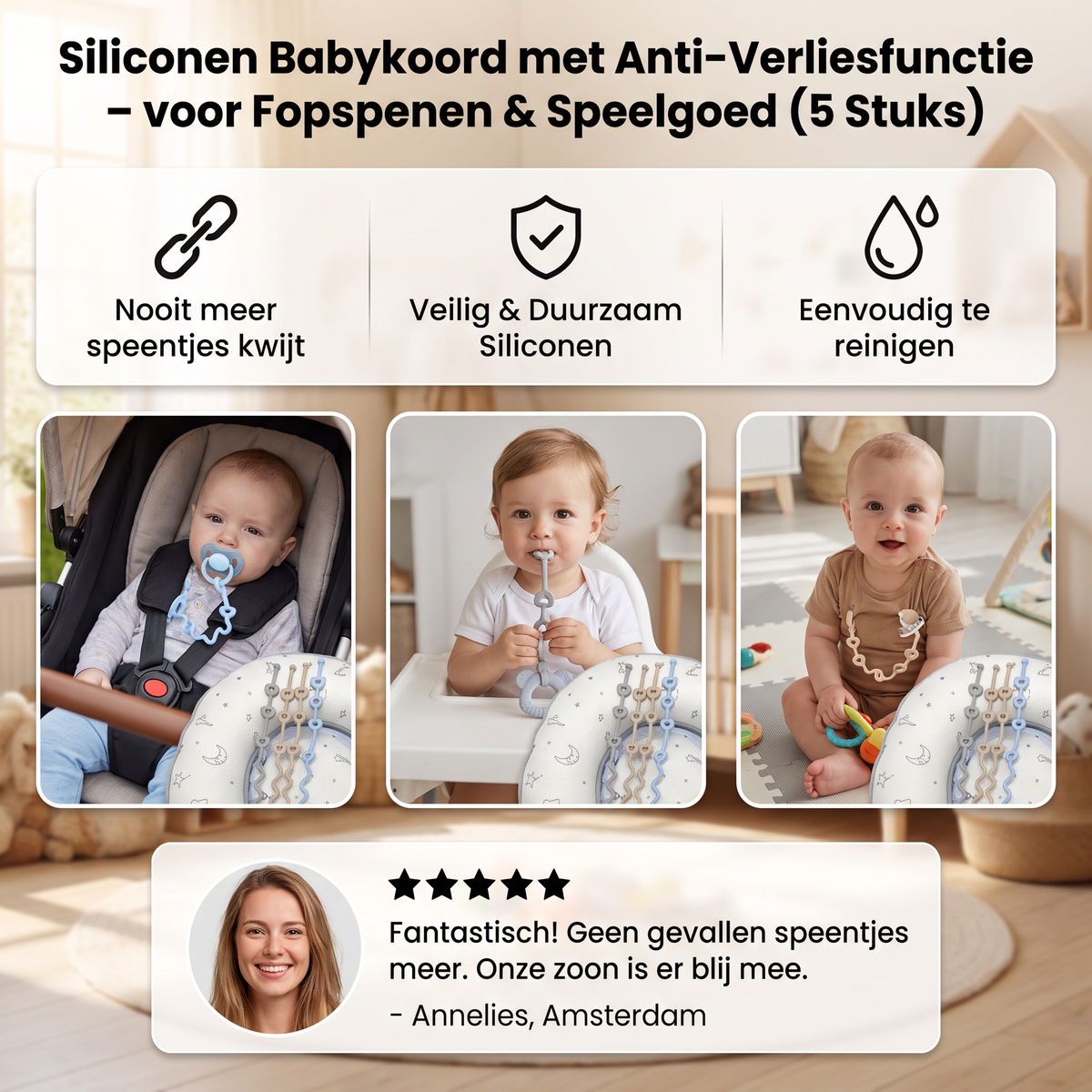 Siliconen Babykoord met Anti-Verliesfunctie – voor Fopspenen & Speelgoed (5 Stuks)
