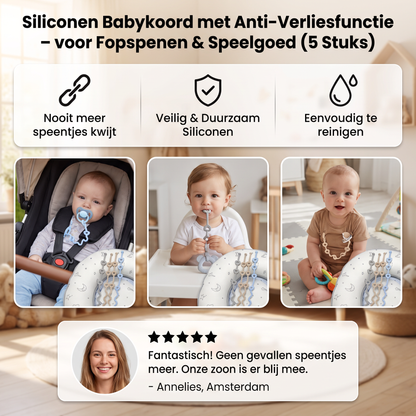 Siliconen Babykoord met Anti-Verliesfunctie – voor Fopspenen & Speelgoed (5 Stuks)