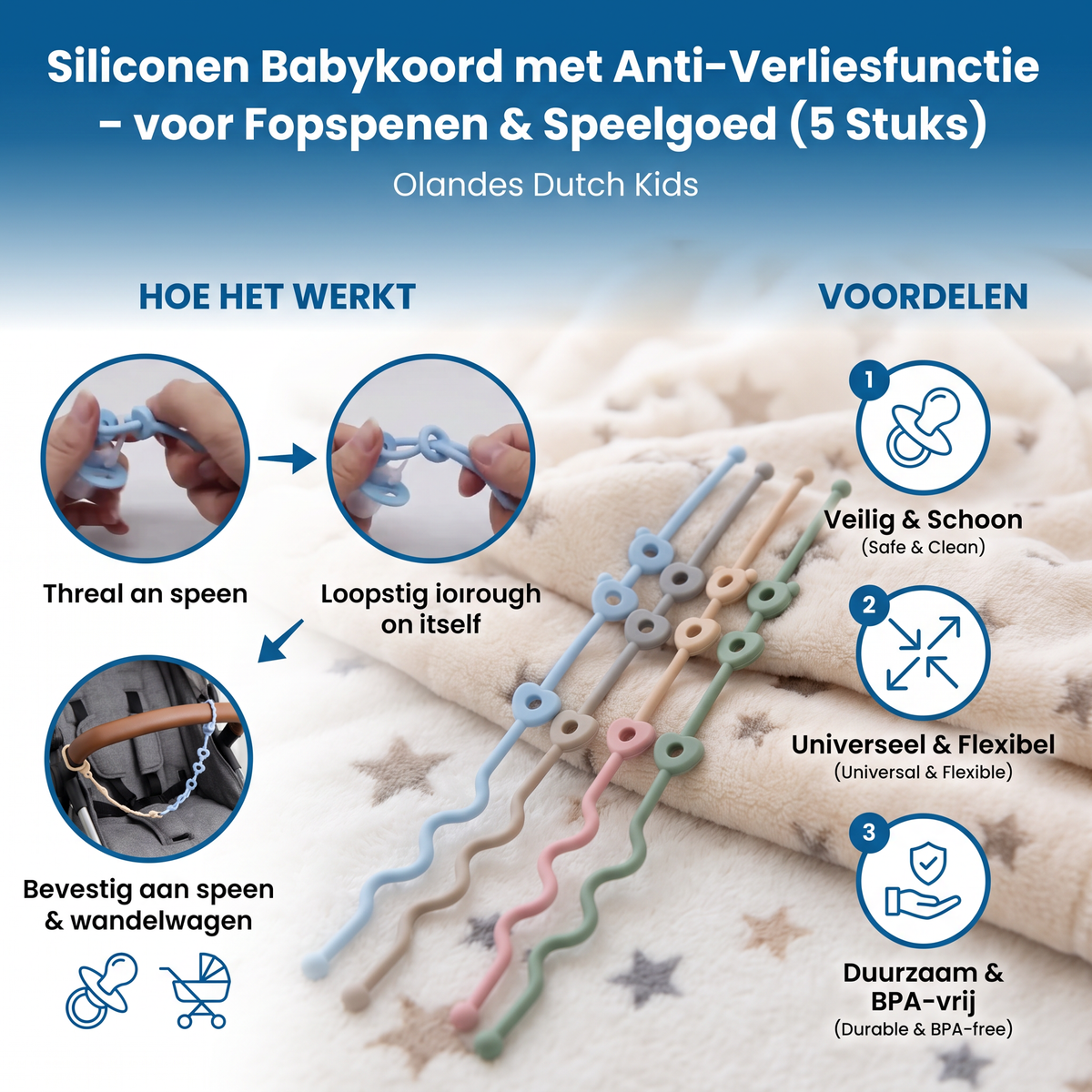 Siliconen Babykoord met Anti-Verliesfunctie – voor Fopspenen & Speelgoed (5 Stuks)