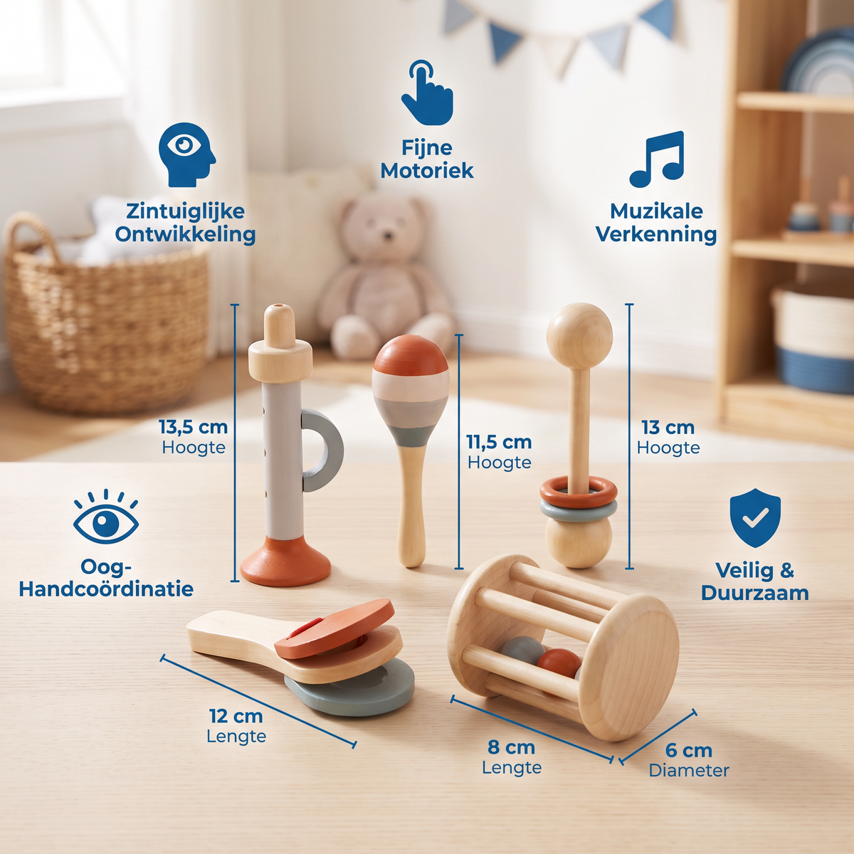 Montessori Houten Muziekinstrumenten Set voor Baby's – 5-delig Zintuiglijk & Rammelspeelgoed