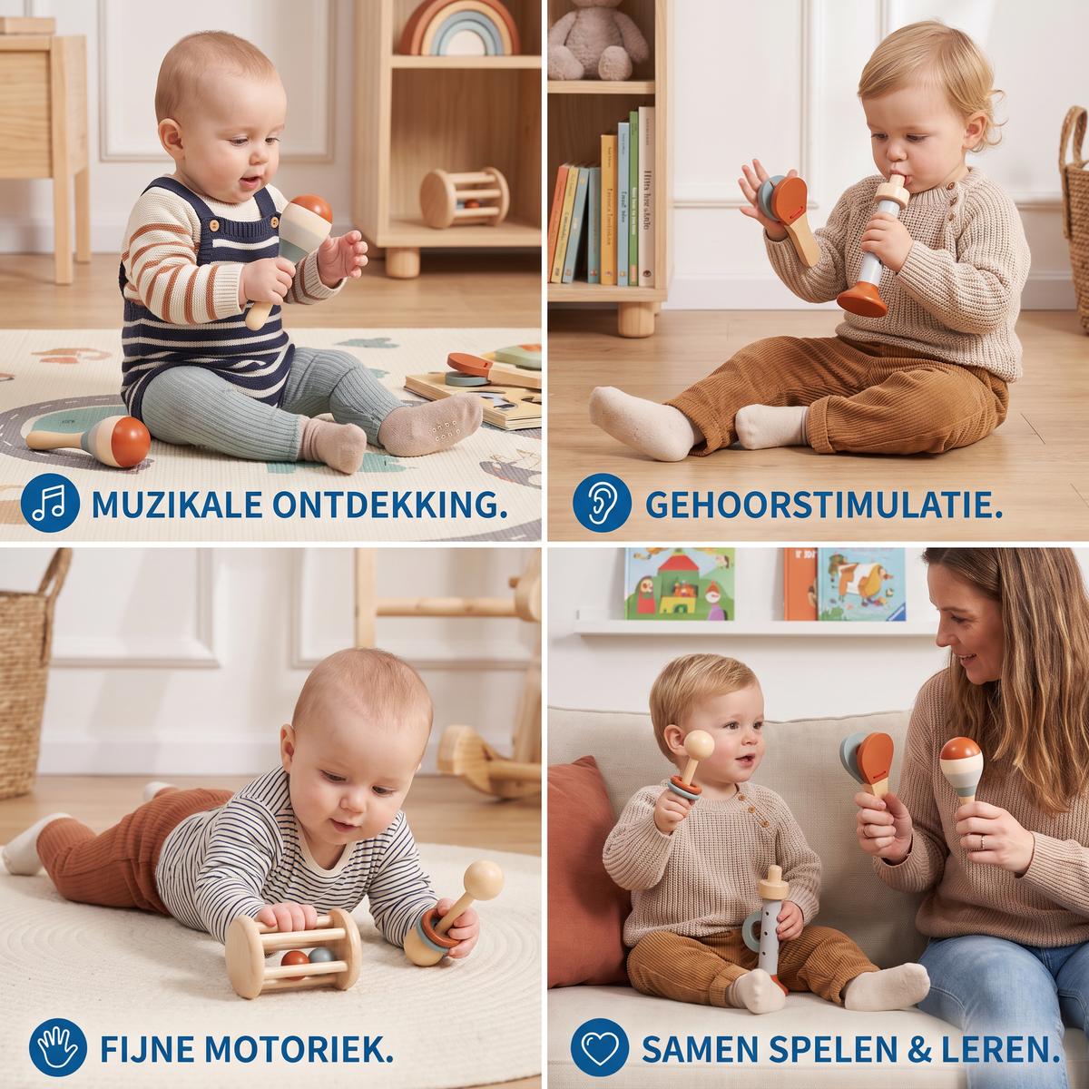 Montessori Houten Muziekinstrumenten Set voor Baby's – 5-delig Zintuiglijk & Rammelspeelgoed