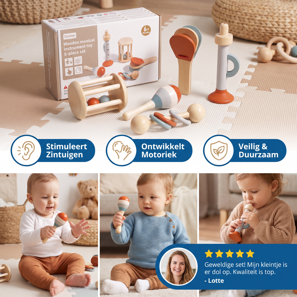 Montessori Houten Muziekinstrumenten Set voor Baby's – 5-delig Zintuiglijk & Rammelspeelgoed