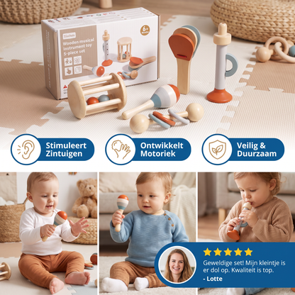 Montessori Houten Muziekinstrumenten Set voor Baby's – 5-delig Zintuiglijk & Rammelspeelgoed