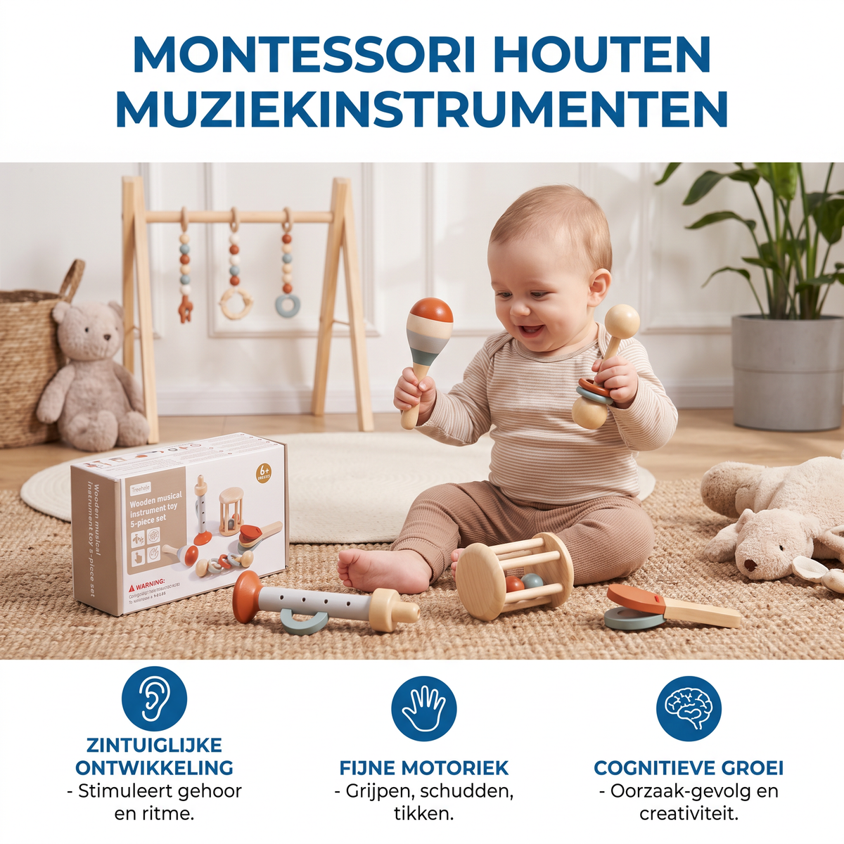 Montessori Houten Muziekinstrumenten Set voor Baby's – 5-delig Zintuiglijk & Rammelspeelgoed