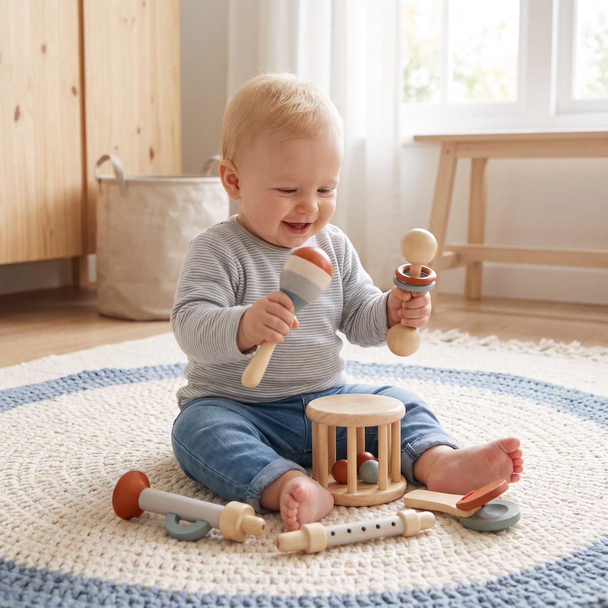 Montessori Houten Muziekinstrumenten Set voor Baby's – 5-delig Zintuiglijk & Rammelspeelgoed