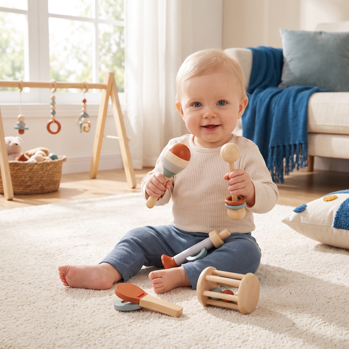 Montessori Houten Muziekinstrumenten Set voor Baby's – 5-delig Zintuiglijk & Rammelspeelgoed