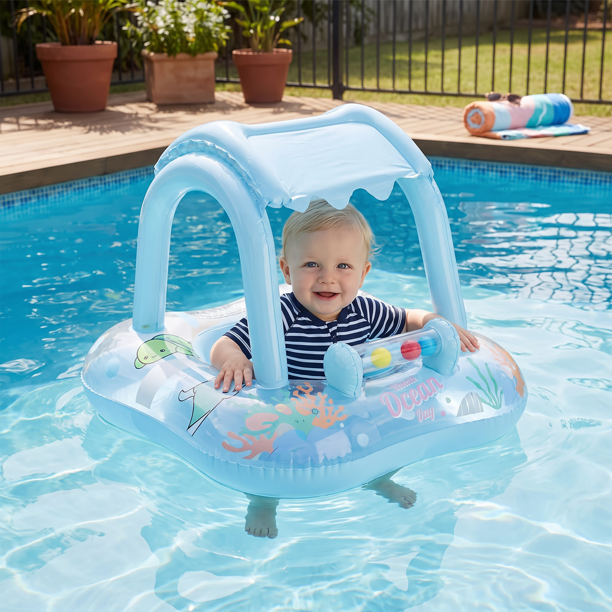 Opblaasbare Baby Zwemband met Zonnedak & Oceaanmotief