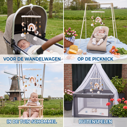 Handgemaakt Houten Babymobiel met Gehaakte Hangers – Kalmerend Bedje-Speelgoed voor Pasgeborenen