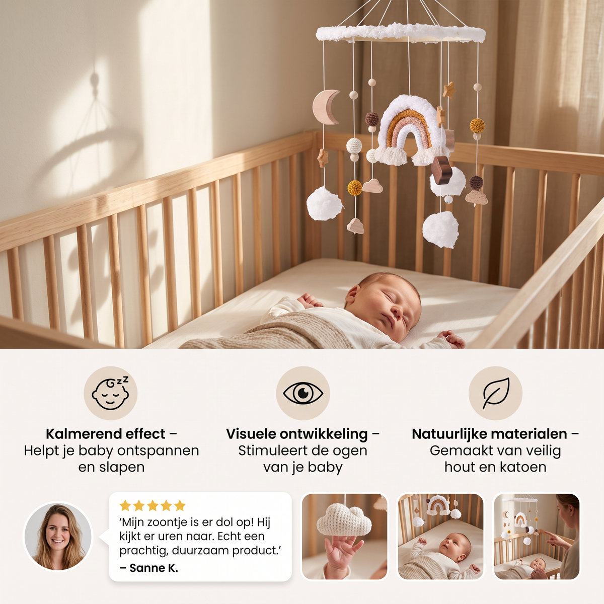 Handgemaakt Houten Babymobiel met Gehaakte Hangers – Kalmerend Bedje-Speelgoed voor Pasgeborenen