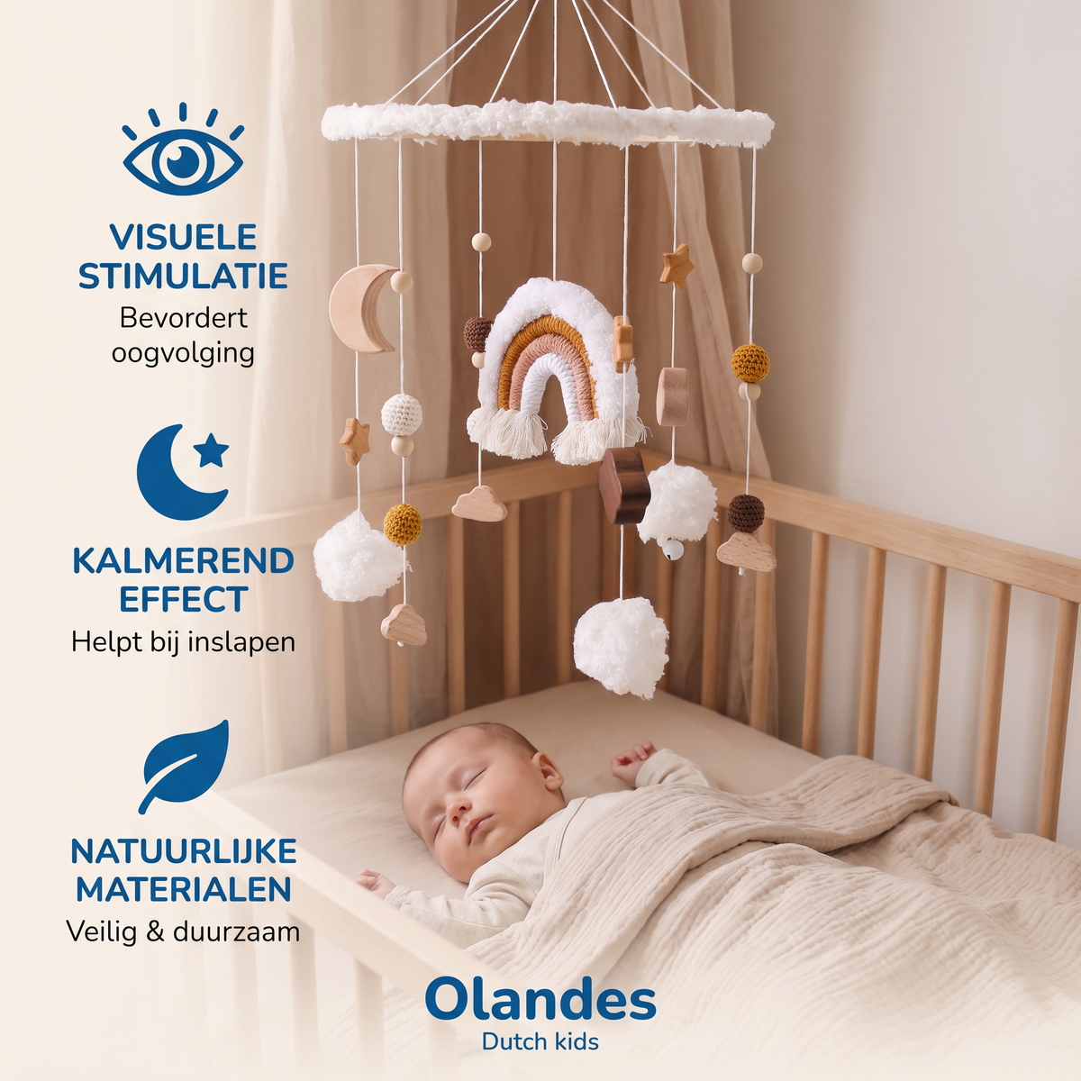 Handgemaakt Houten Babymobiel met Gehaakte Hangers – Kalmerend Bedje-Speelgoed voor Pasgeborenen