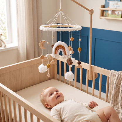 Handgemaakt Houten Babymobiel met Gehaakte Hangers – Kalmerend Bedje-Speelgoed voor Pasgeborenen