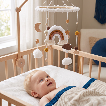 Handgemaakt Houten Babymobiel met Gehaakte Hangers – Kalmerend Bedje-Speelgoed voor Pasgeborenen