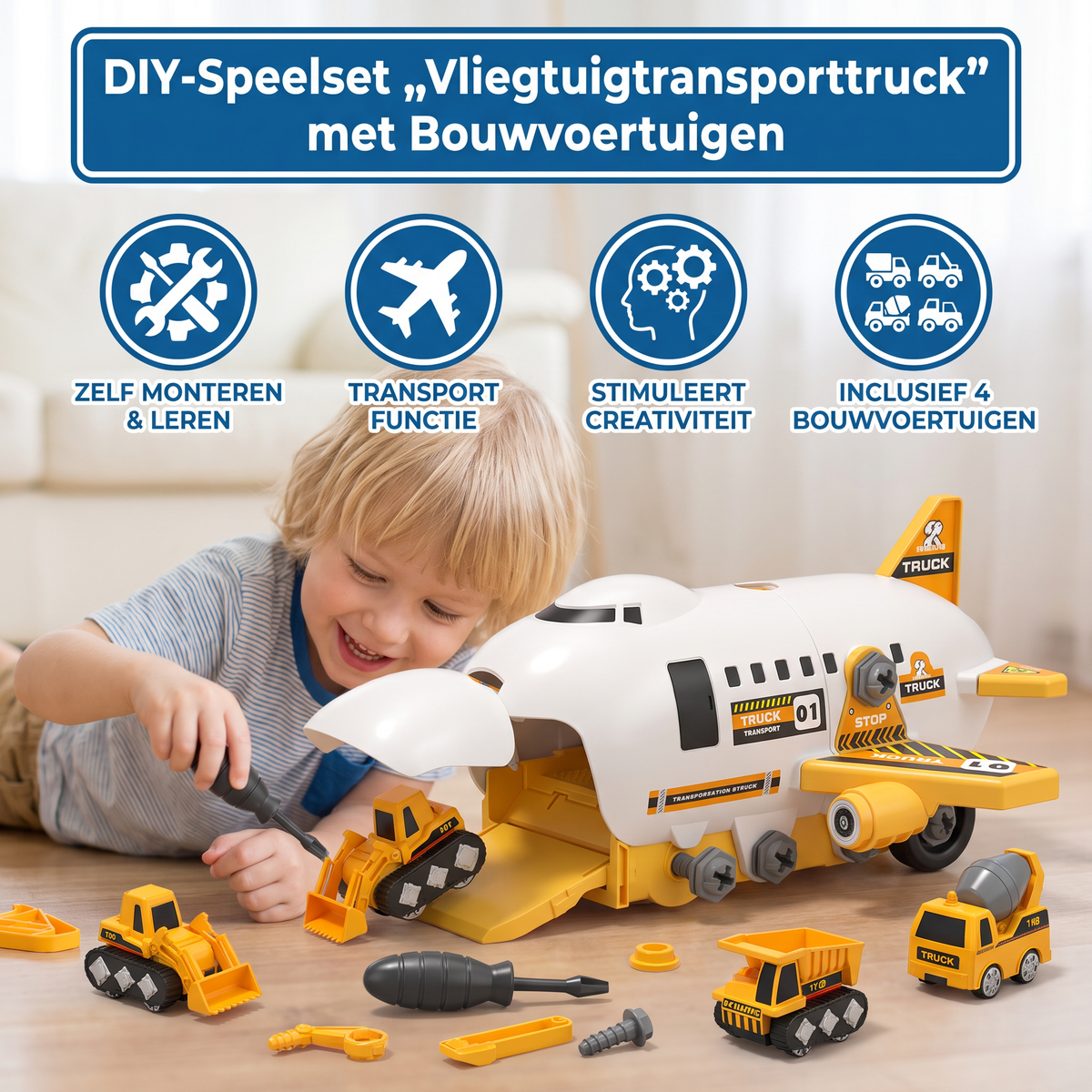 DIY-Speelset „Vliegtuigtransporttruck” met Bouwvoertuigen